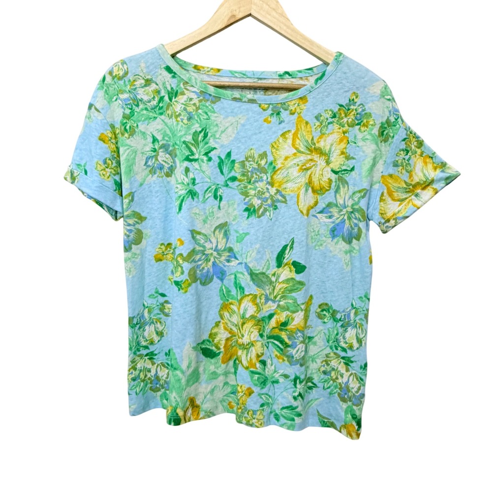 Talbots Women Small Tee Floral Blue Green Linen Cotton Cuffed Short Sleeve Top